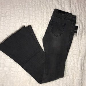 Frayed bottom grey denim flare jeans